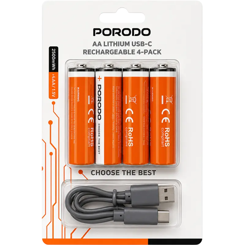Porodo AAA (4 Pcs) Rechargeable Lithium Battery 800mwh With 4in1 Type C Charging Cable Mascom International.webp